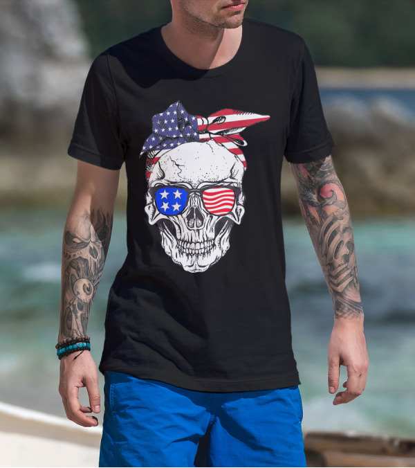 Patriotic Skull American Flag Bandana Sunglasses T-Shirt