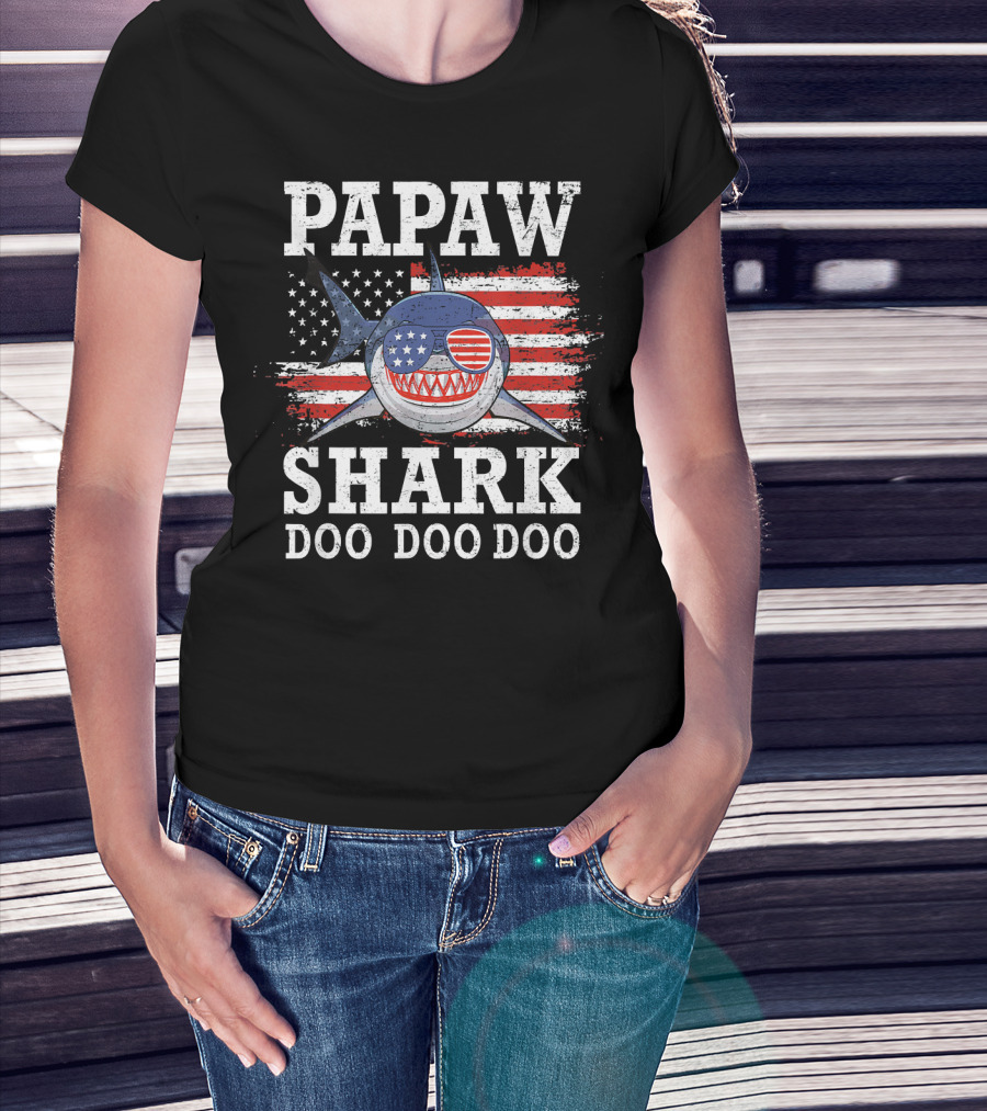 Papaw Shark Doo Doo Doo American Flag Sunglasses T-Shirt