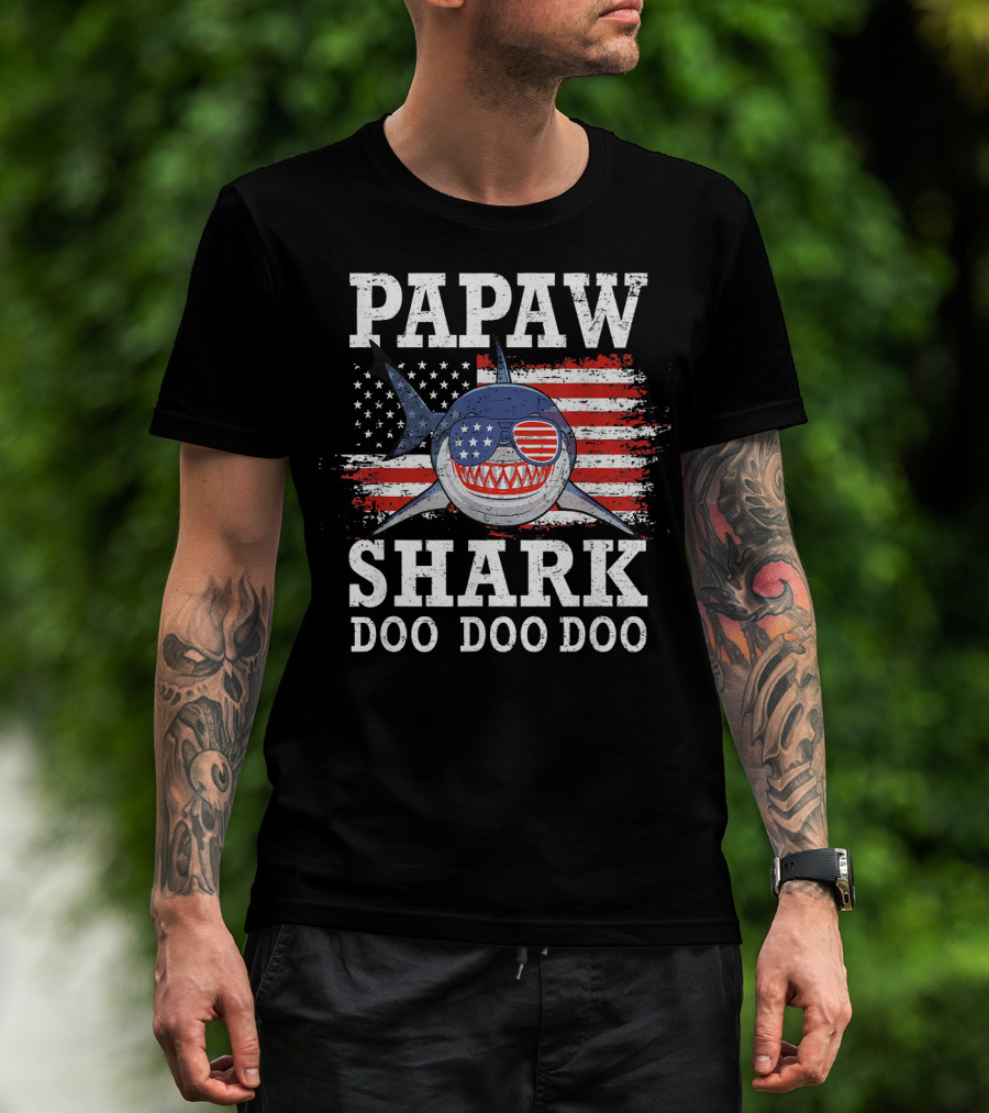 Papaw Shark Doo Doo Doo American Flag Sunglasses T-Shirt