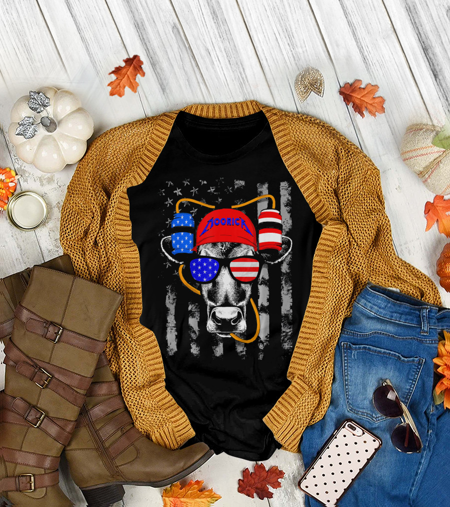 4th of July Funny Cow Heifer Moorica USA Flag Patriotic Sunglasses and Hat T-Shirt