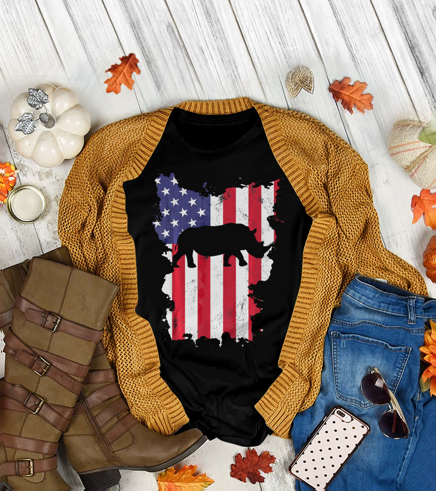 Rhino Silhouette American Flag 4th of July USA T-Shirt