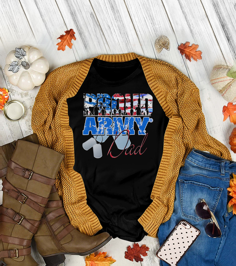 Proud Army Dad US Military Dog Tag American Flag T-Shirt