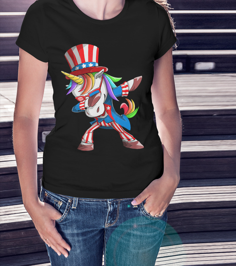 Unicorn Dabbing Uncle Sam Patriotic Rainbow T-Shirt