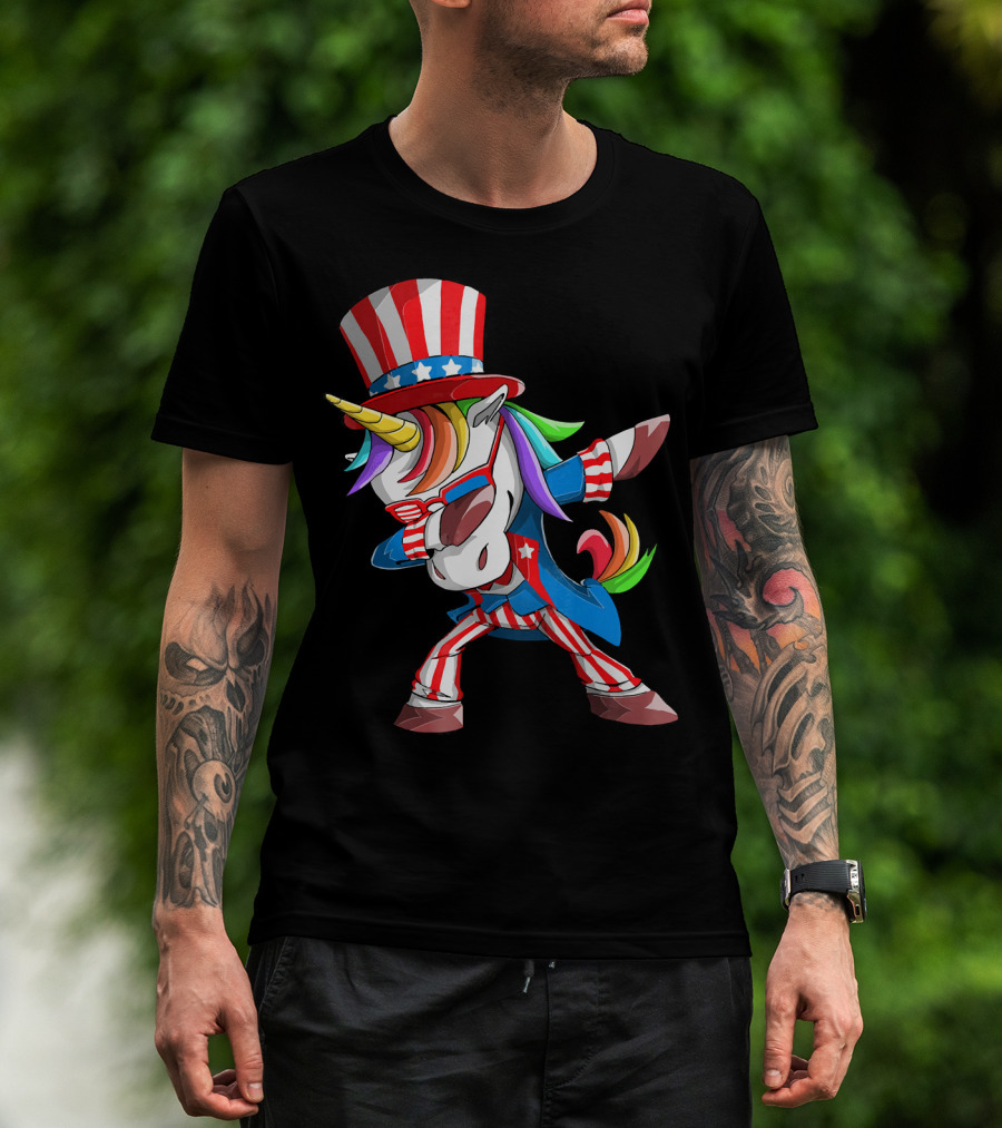 Unicorn Dabbing Uncle Sam Patriotic Rainbow T-Shirt