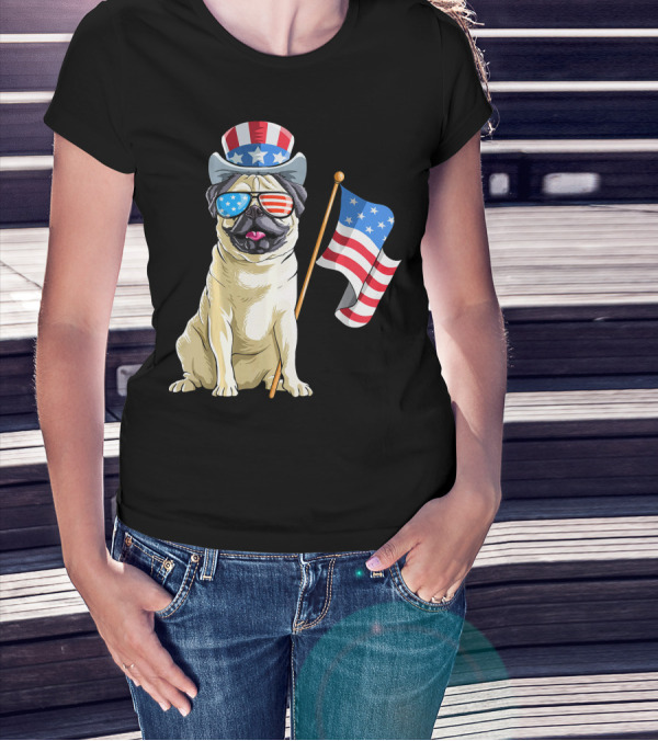 Pug In Patriotic Hat And Sunglasses Holding American Flag T-Shirt