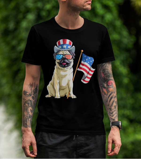 Pug In Patriotic Hat And Sunglasses Holding American Flag T-Shirt
