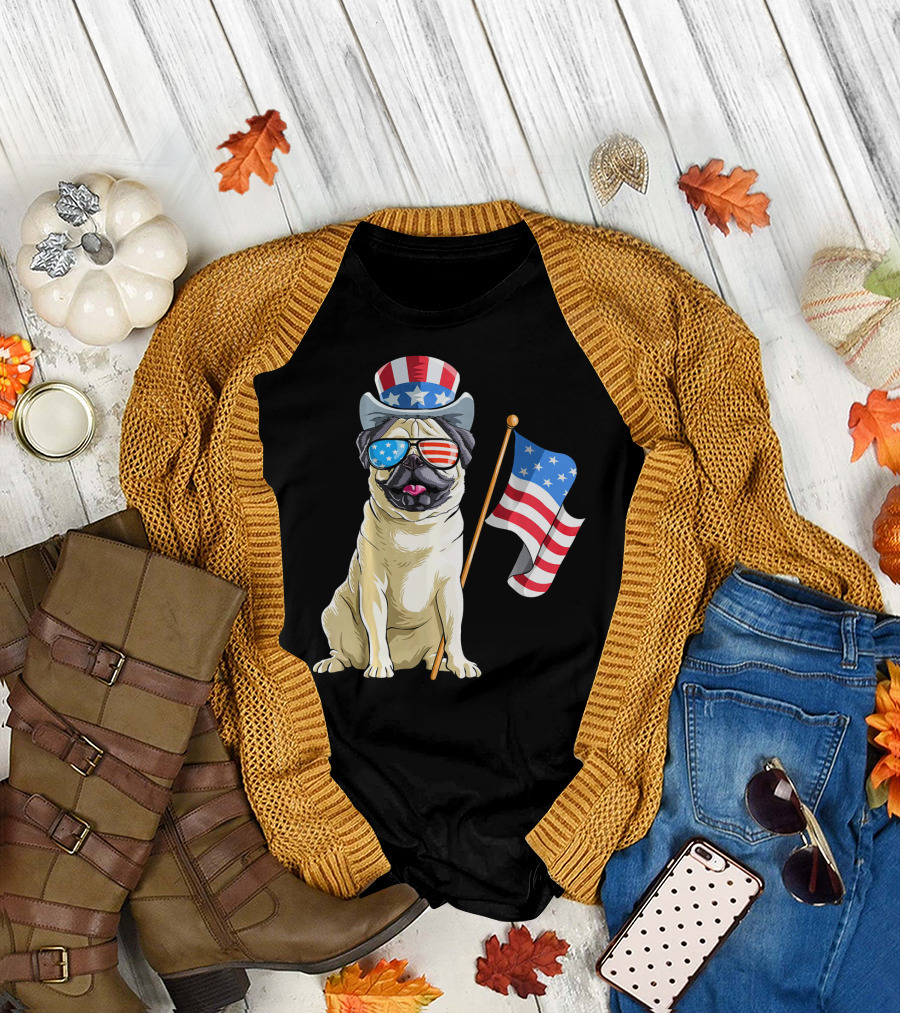 Pug in Patriotic Hat and Sunglasses Holding American Flag T-Shirt