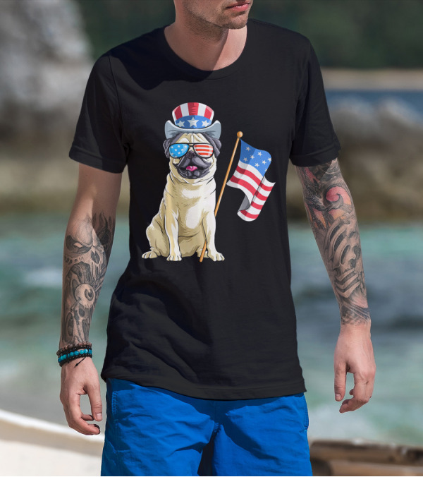 Pug In Patriotic Hat And Sunglasses Holding American Flag T-Shirt