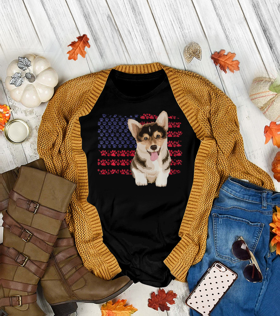 American Flag Corgi Dog with Paw Prints T-Shirt
