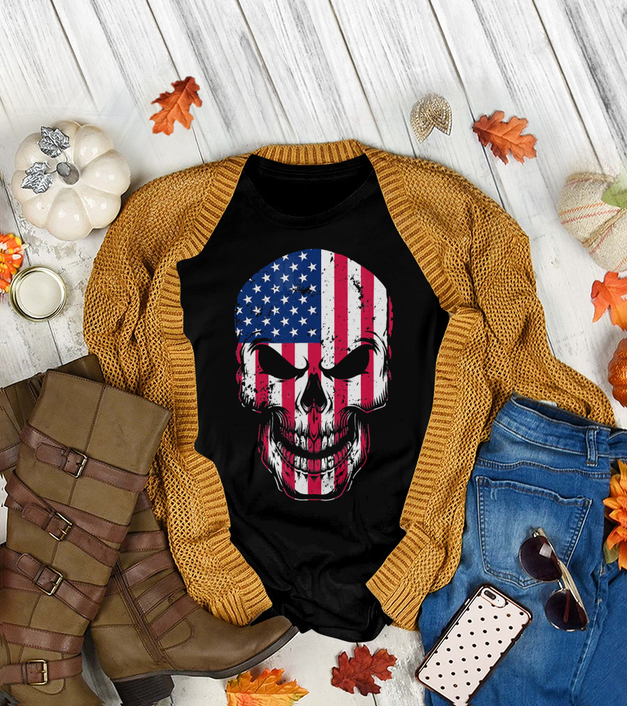 4th Of July American Flag Skull Head Red Stripes Stars USA T-Shirt