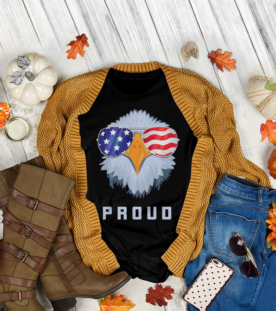 Proud Bald Eagle with American Flag Sunglasses USA 4th of July T-Shirt