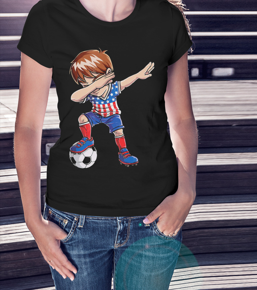 Dabbing Soccer Boy With American Flag Jersey T-Shirt