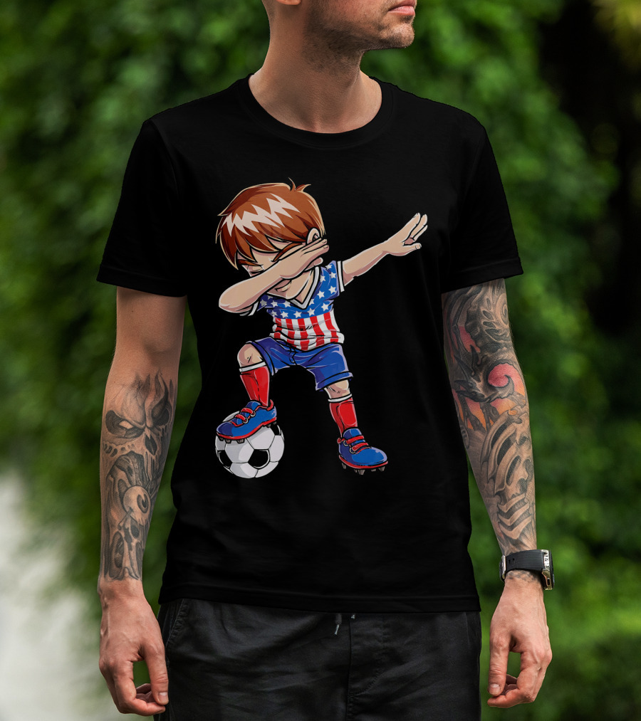 Dabbing Soccer Boy With American Flag Jersey T-Shirt