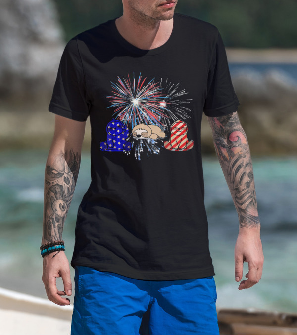 Red White Blue Sloth Fireworks Patriotic T-Shirt