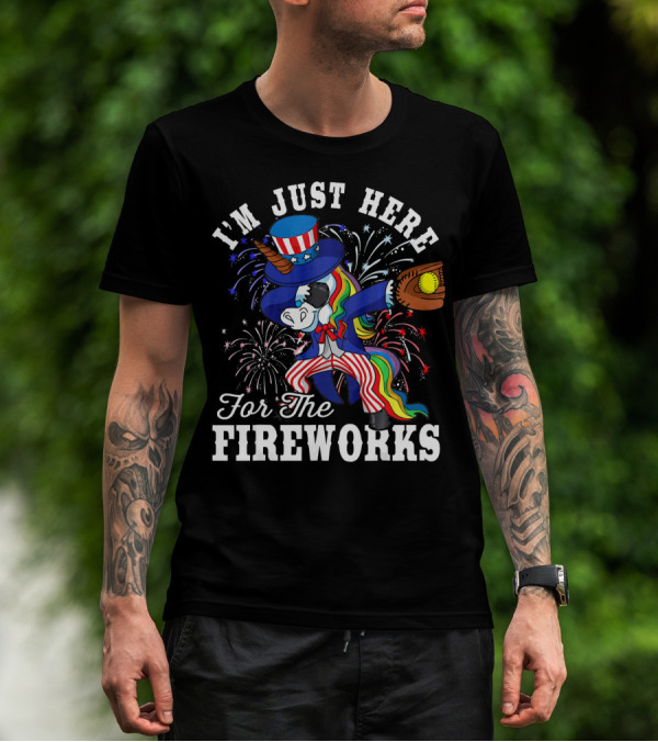 I'm Just Here For The Fireworks Dabbing Unicorn Uncle Sam Softball T-Shirt