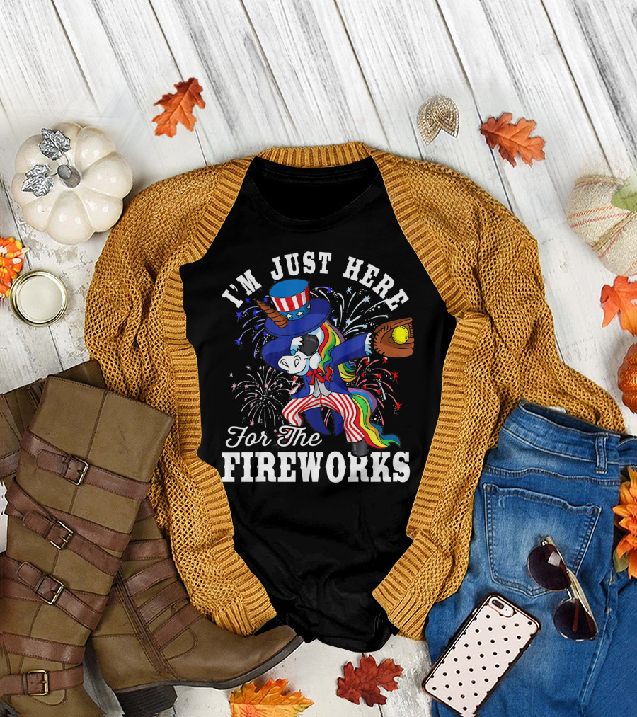 I'm Just Here for the Fireworks Dabbing Unicorn Uncle Sam Softball T-Shirt
