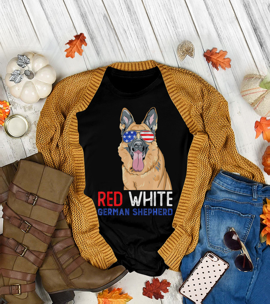 Red White German Shepherd USA Sunglasses Stars Stripes T-Shirt