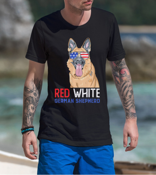 Red White German Shepherd USA Sunglasses Stars Stripes T-Shirt