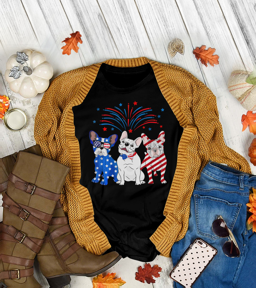 American Flag USA 4th of July French Bulldog with Fireworks T-Shirt