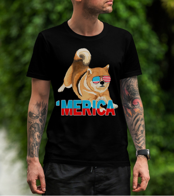 Merica Shiba Inu With American Flag Sunglasses T-Shirt