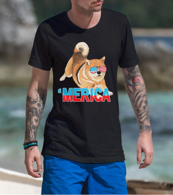 Merica Shiba Inu With American Flag Sunglasses T-Shirt