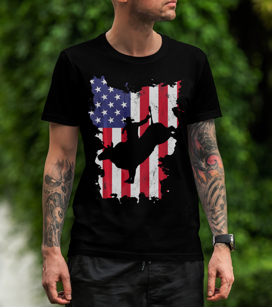 Bull Riding Cowboy Silhouette USA Flag T-Shirt