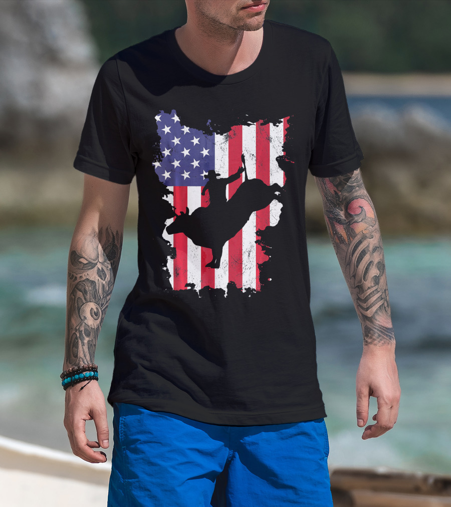 Bull Riding Cowboy Silhouette USA Flag T-Shirt