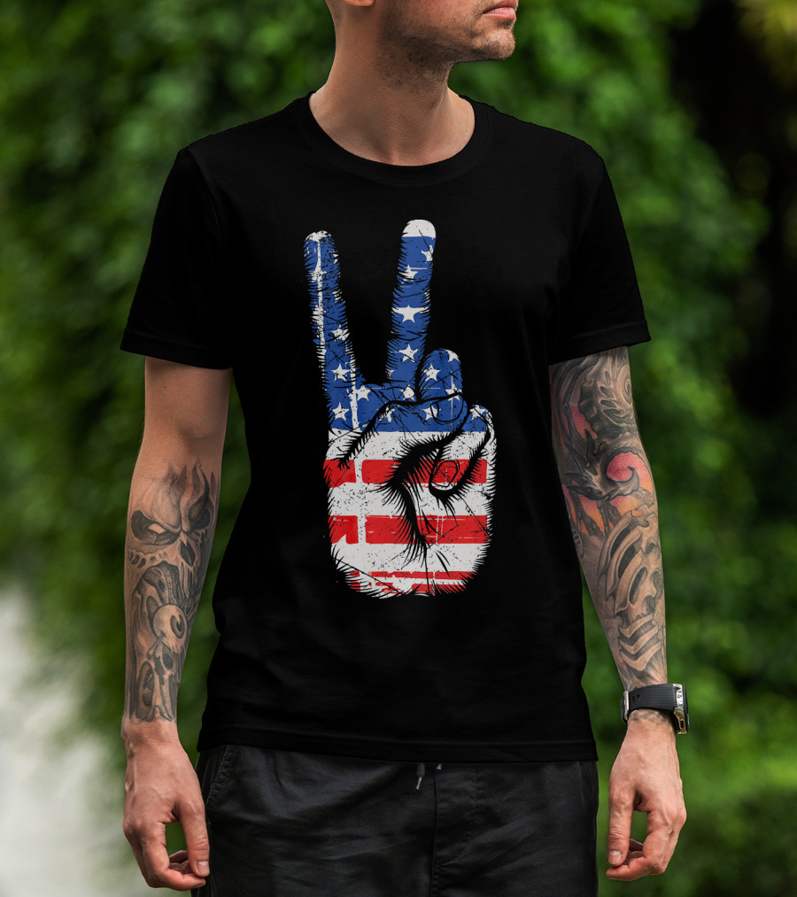 American Flag Peace Sign Hand Gesture T-Shirt