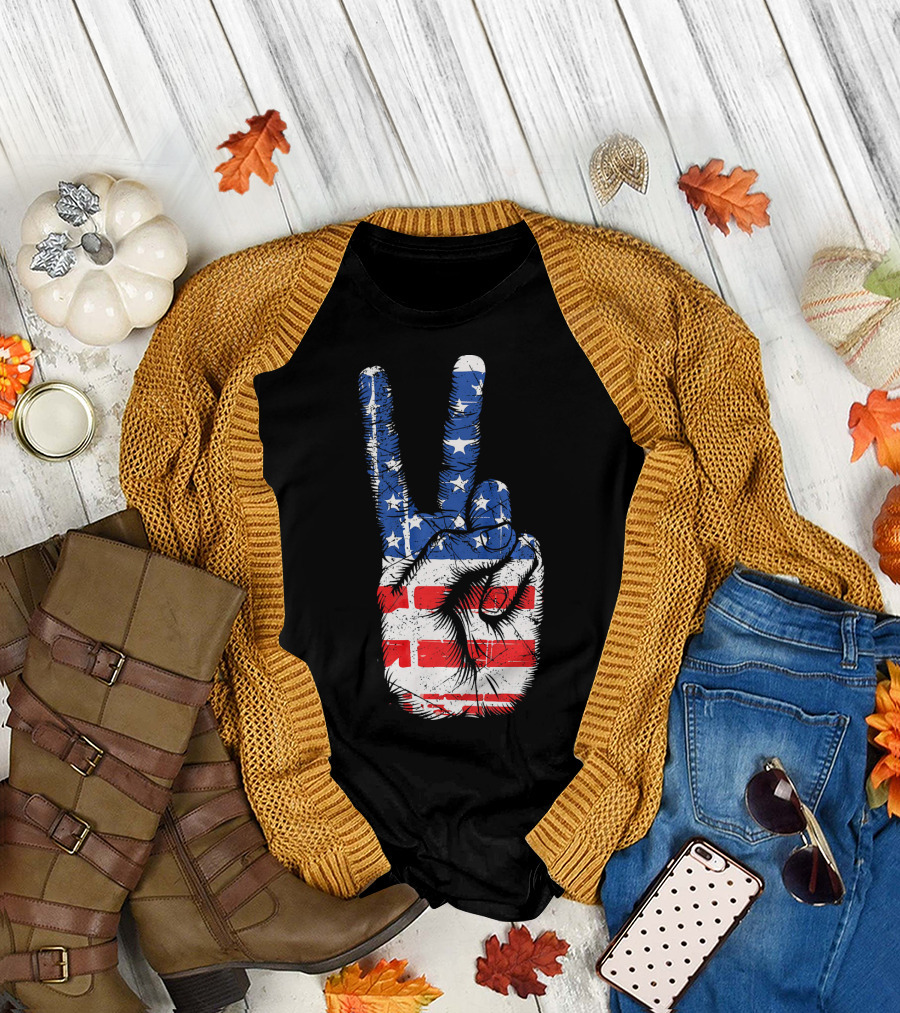 American Flag Peace Sign Hand Gesture T-Shirt
