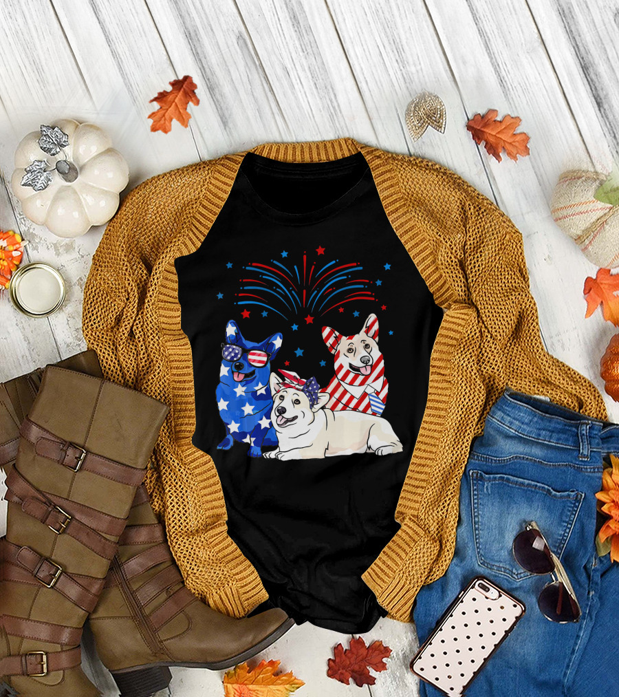 American Flag USA 4th of July Corgi Patriotic Fireworks Celebration Dog Trio T-Shirt