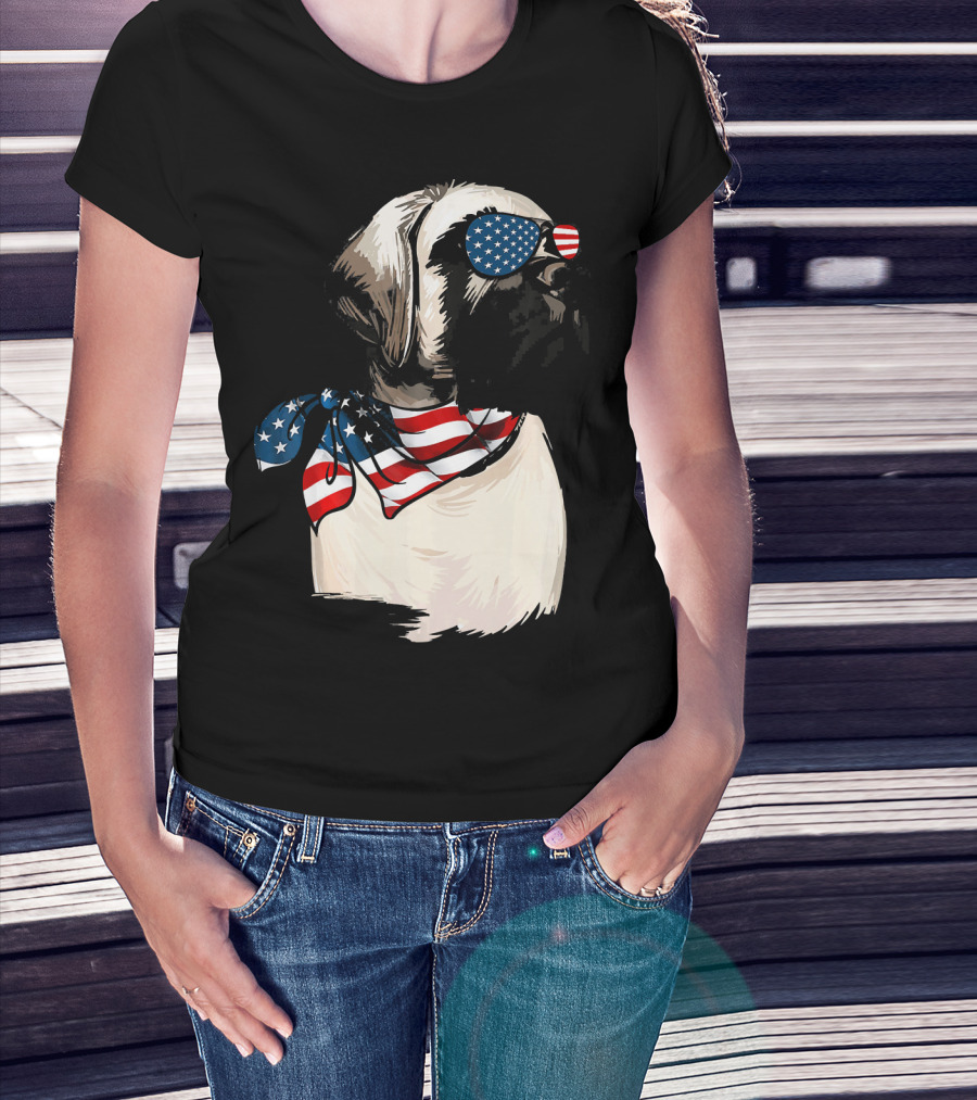 American Flag English Mastiff With Patriotic Stars And Stripes Sunglasses And Scarf T-Shirt