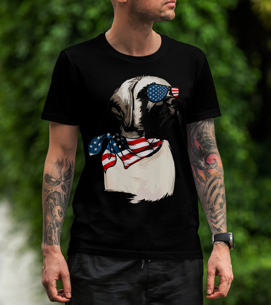 American Flag English Mastiff With Patriotic Stars And Stripes Sunglasses And Scarf T-Shirt