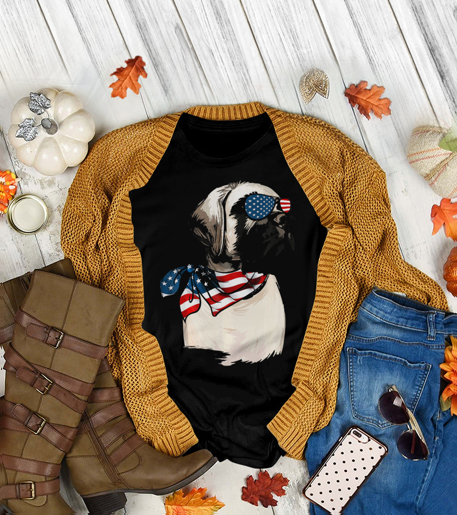 American Flag English Mastiff with Patriotic Stars and Stripes Sunglasses and Scarf T-Shirt