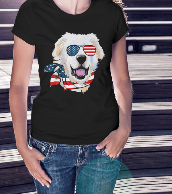 American Flag Great Pyrenees Dog With Patriotic Sunglasses And Bandana T-Shirt