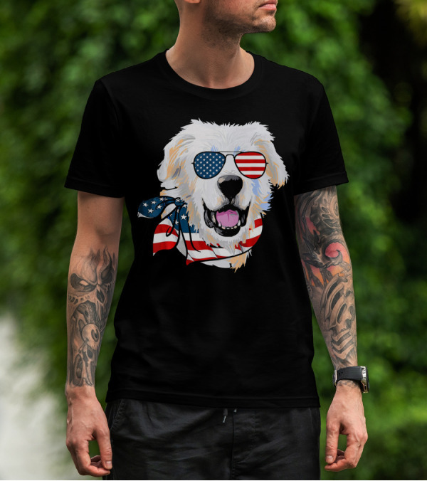 American Flag Great Pyrenees Dog With Patriotic Sunglasses And Bandana T-Shirt