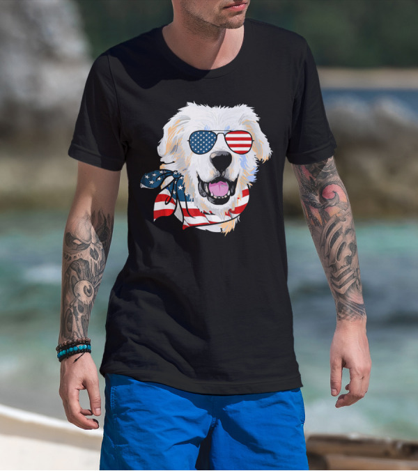 American Flag Great Pyrenees Dog With Patriotic Sunglasses And Bandana T-Shirt