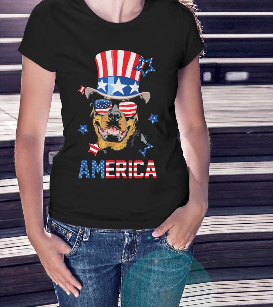 America Rottweiler Wearing Patriotic Top Hat And Sunglasses T-Shirt