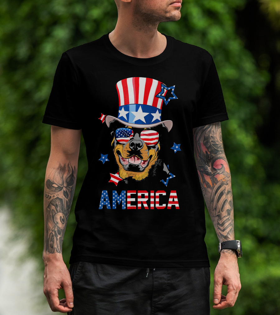 America Rottweiler Wearing Patriotic Top Hat And Sunglasses T-Shirt