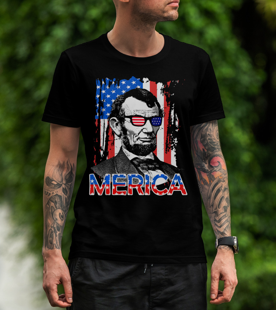 Merica American Flag Abe Lincoln With Sunglasses T-Shirt