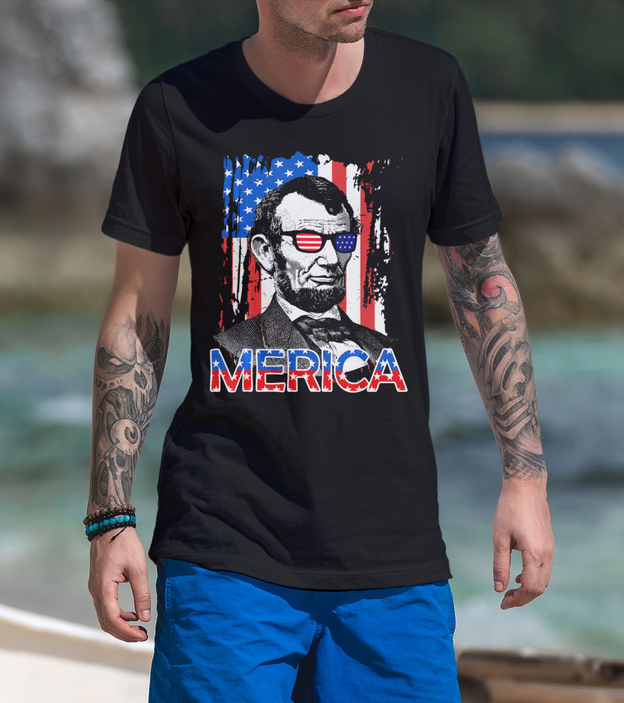 Merica American Flag Abe Lincoln With Sunglasses T-Shirt