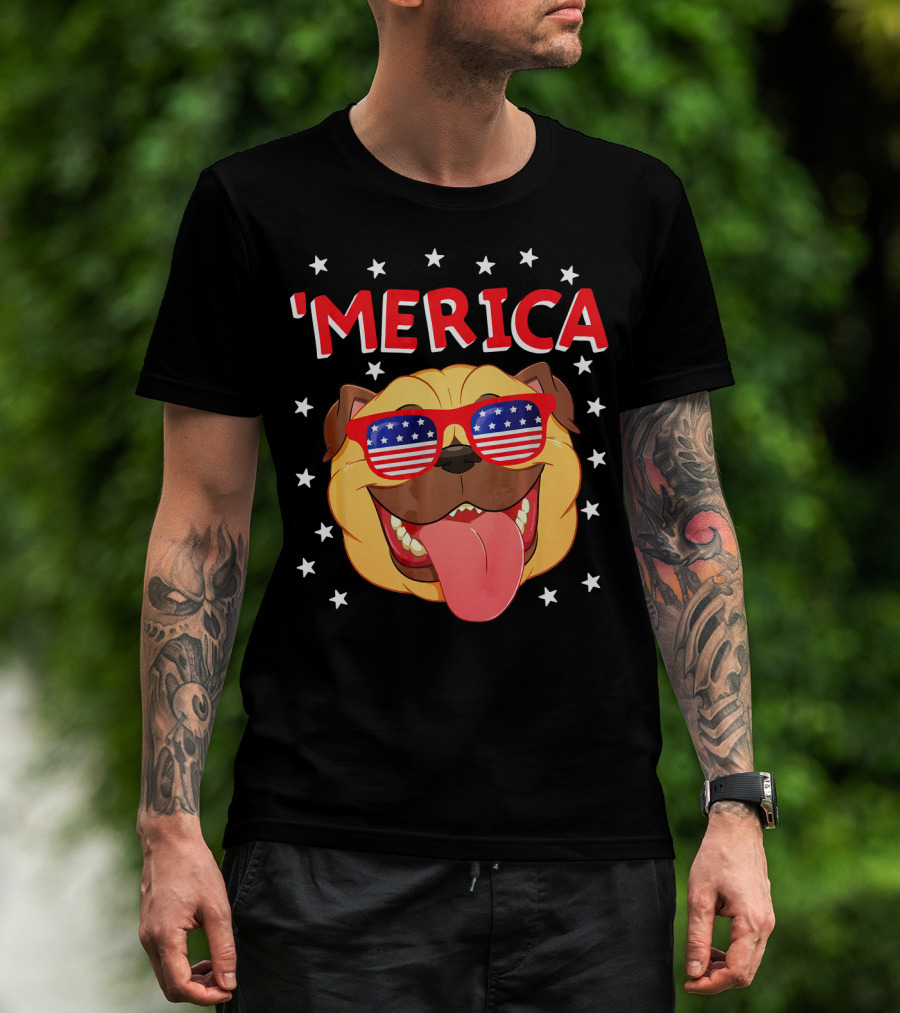 'Merica Pug Wearing American Flag Sunglasses With Stars T-Shirt
