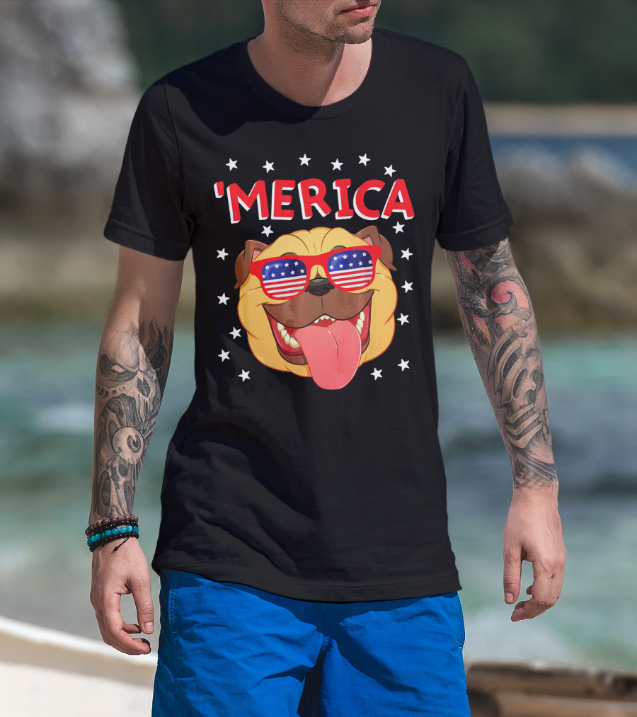 'Merica Pug Wearing American Flag Sunglasses With Stars T-Shirt