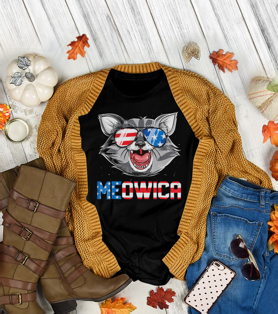 Meowica American Flag Sunglasses Patriotic Cat 4th of July Merica T-Shirt
