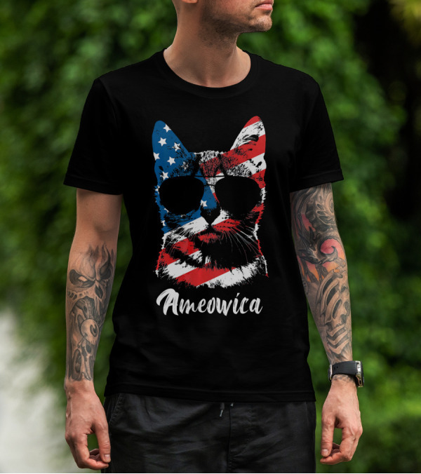 Ameowica Funny Cat Lover Patriotic Stars And Stripes Sunglasses T-Shirt