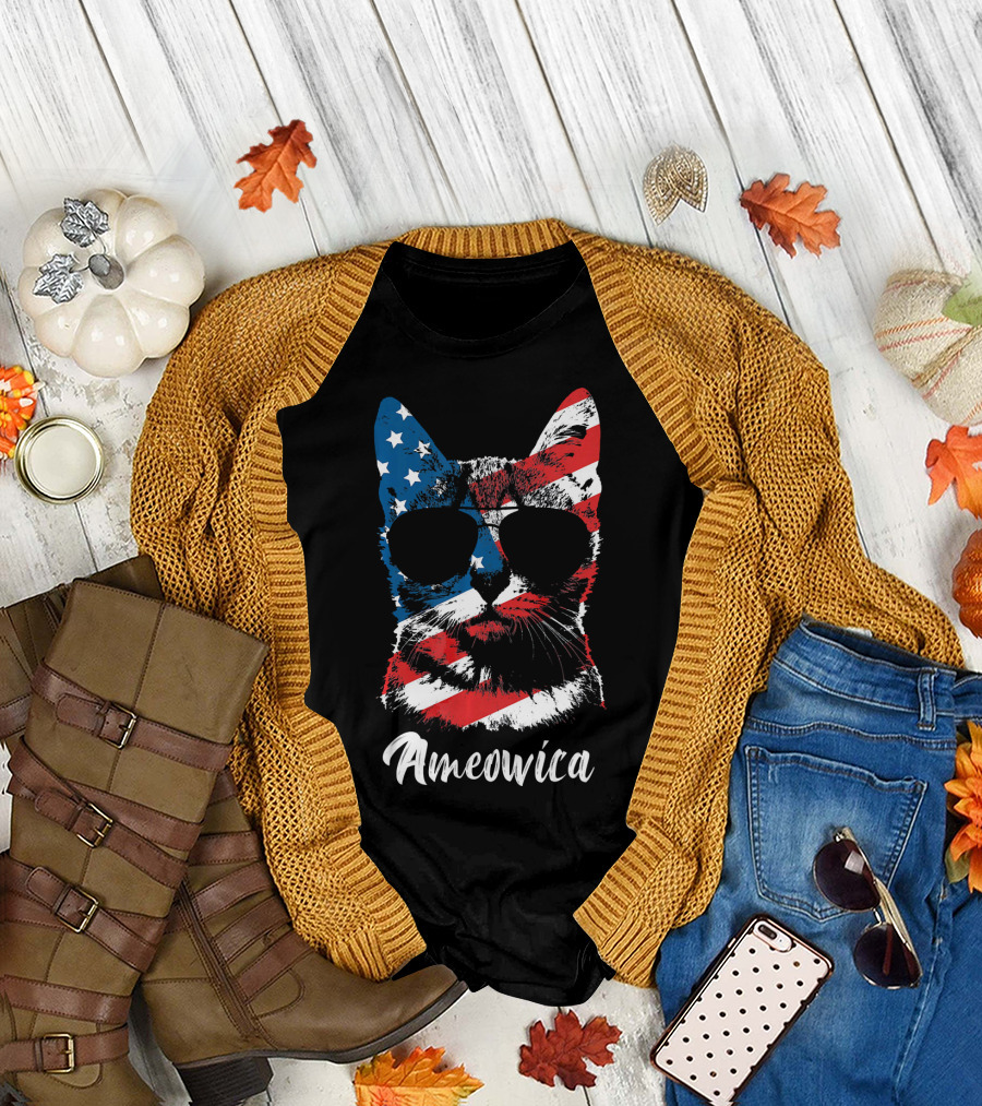 Ameowica Funny Cat Lover Patriotic Stars and Stripes Sunglasses T-Shirt