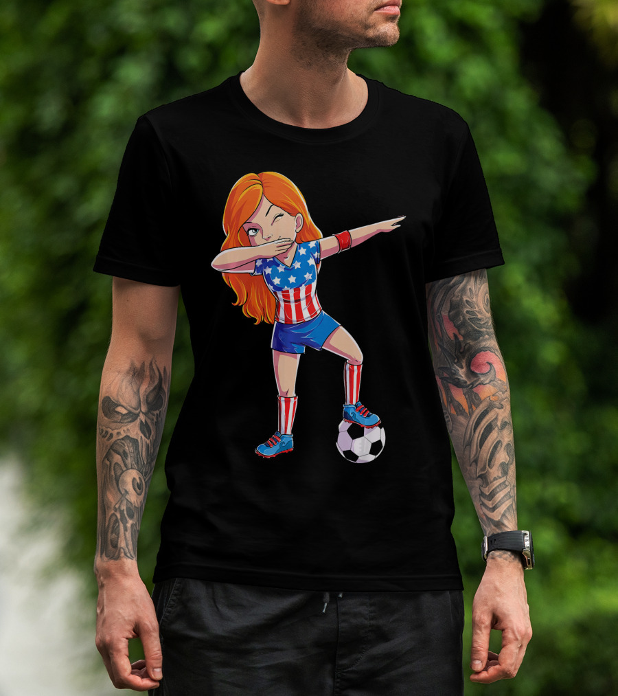 Dabbing Soccer Girl USA Flag Stars And Stripes Jersey T-Shirt