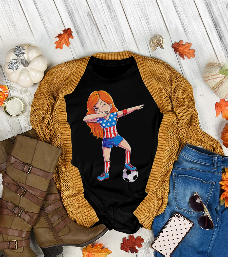 Dabbing Soccer Girl USA Flag Stars and Stripes Jersey T-Shirt
