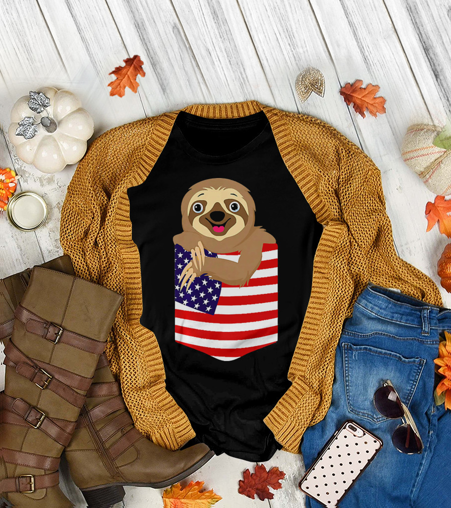 4th of July Funny Sloth Peekin' from American Flag Pocket T-Shirt
