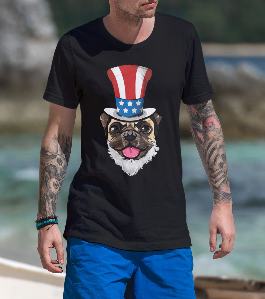 Pug Dog Wearing Uncle Sam Hat And Lincoln Beard T-Shirt