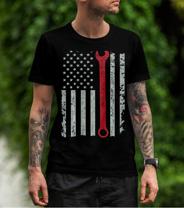 American Flag With Red Mechanic Wrench T-Shirt